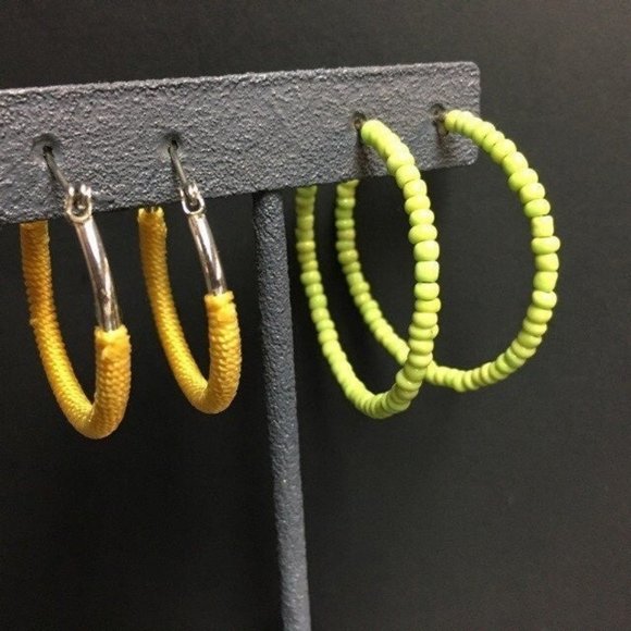 Hoop Earrings Lot Silver Yellow Cord Green Seed Bead Pierced Latch Retro BoHo - Picture 1 of 3